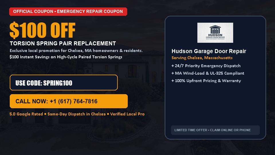 $100 OFF Dual High-Cycle Torsion Spring Replacement in Chelsea, MA - Hudson Garage Door Repair